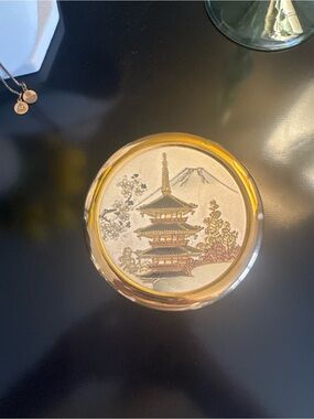 Chokin Vintage Trinket Box Japan Pagoda Mt Fuji Gold Silver Engraving
